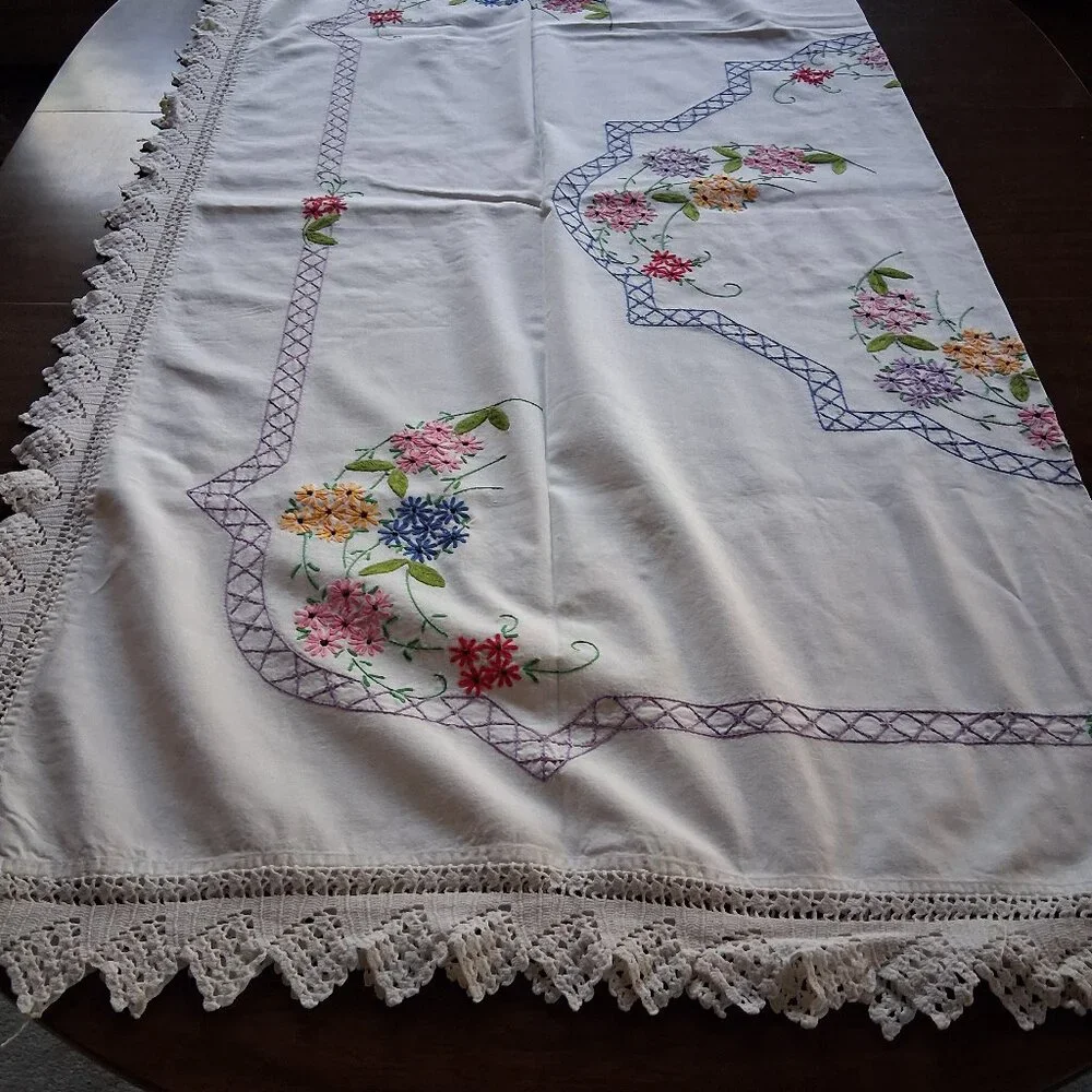 🌸 Vintage Floral Embroidered Tablecloth • Crochet Lace Edge • 54x58 Multicolor
